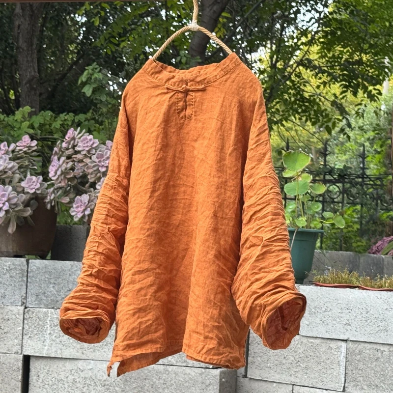 

2026 New Long Sleeves Artistic Vintage Women's Ramie Tee Shirt Sand-Washed Solid Causal Blouse Simple Handmade Personalized Top