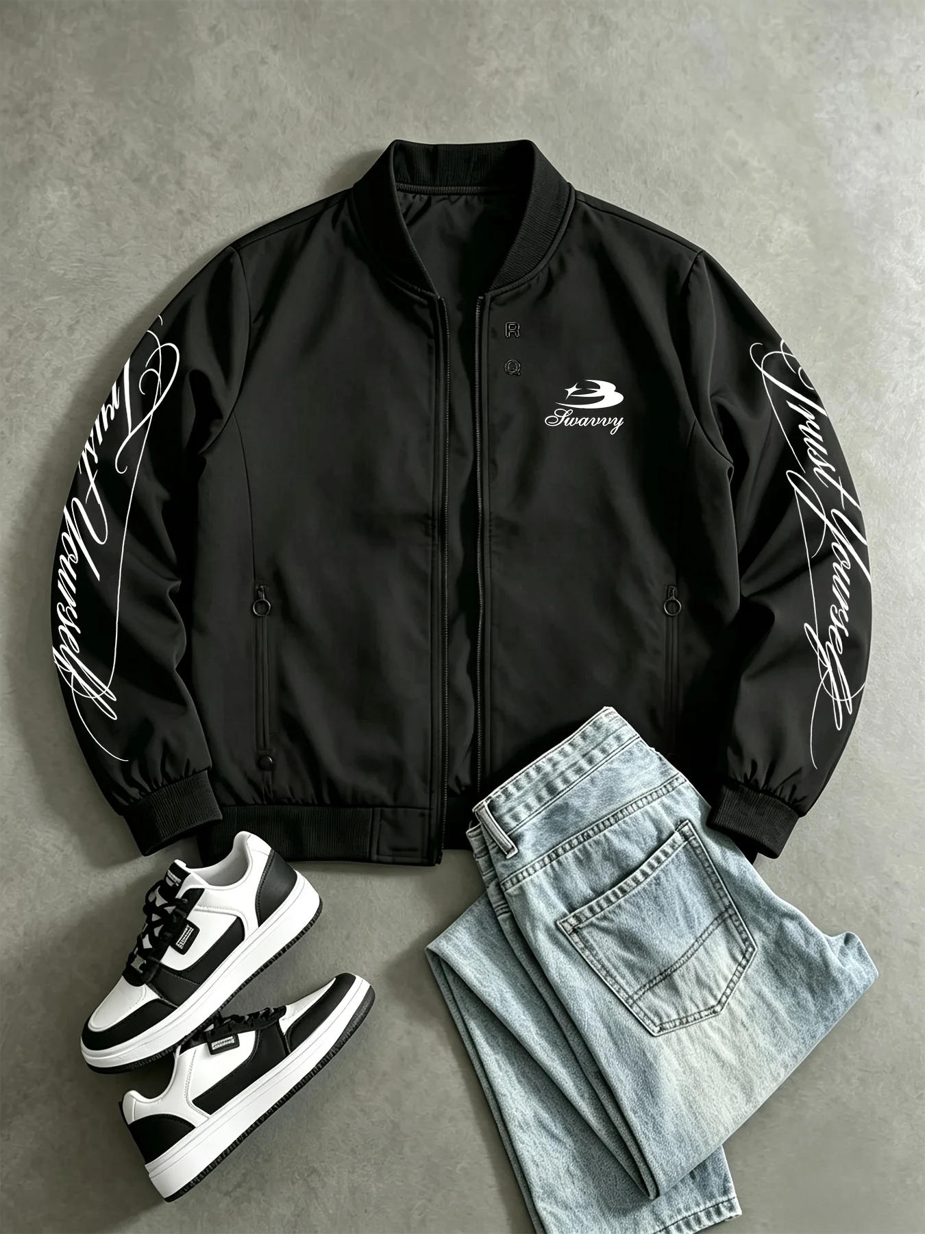 Men’s Stand-Up Collar Zip-Up Er Jacket; Baseball Top with ‘Trust Yourself’ in Cursive English on the Sleeves Men Jacket