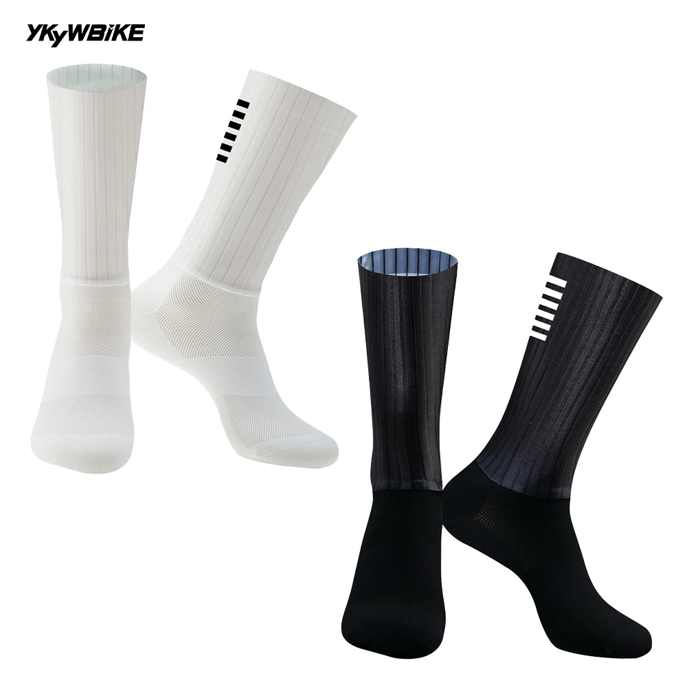 YKYW Black White Anti Slip Silicone Men\'s Cycling Socks Breathable Aero Socks Men Bicycle Sport Running MTB Bike Whiteline Socks