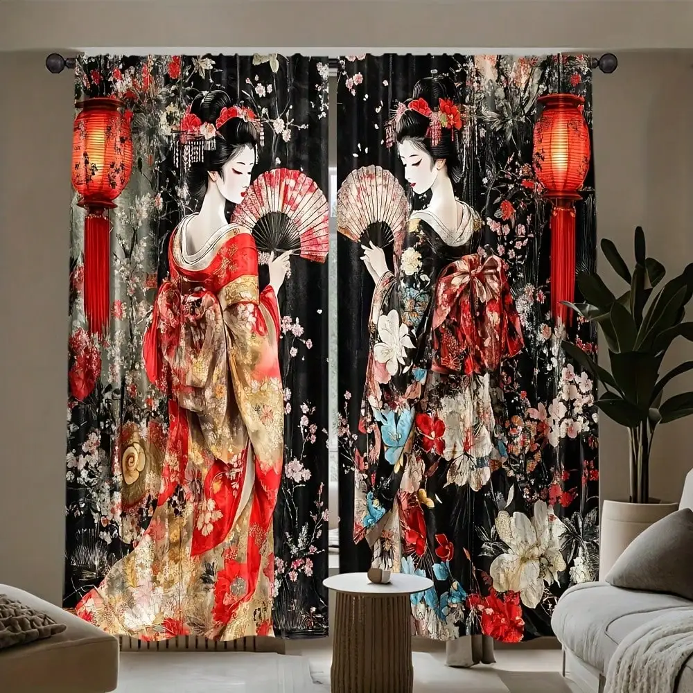 Japanese Geisha Curtain, Kimono Girl and Red Lantern Print Blackout Curtains, Oriental Floral Art Drapes Asian Theme Decor