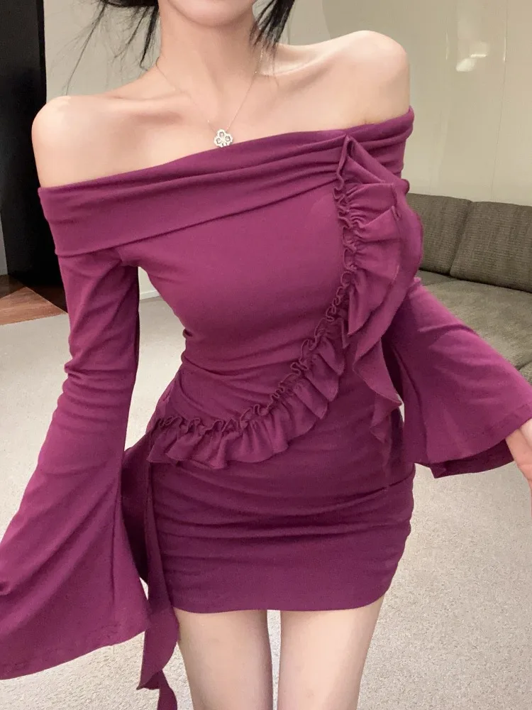 

Elegant One-Shoulder Bell Sleeve Pleated Wooden Bow Tie Wrap Skirt Women Sexy Slimming Waist Dress Simple Commute Style