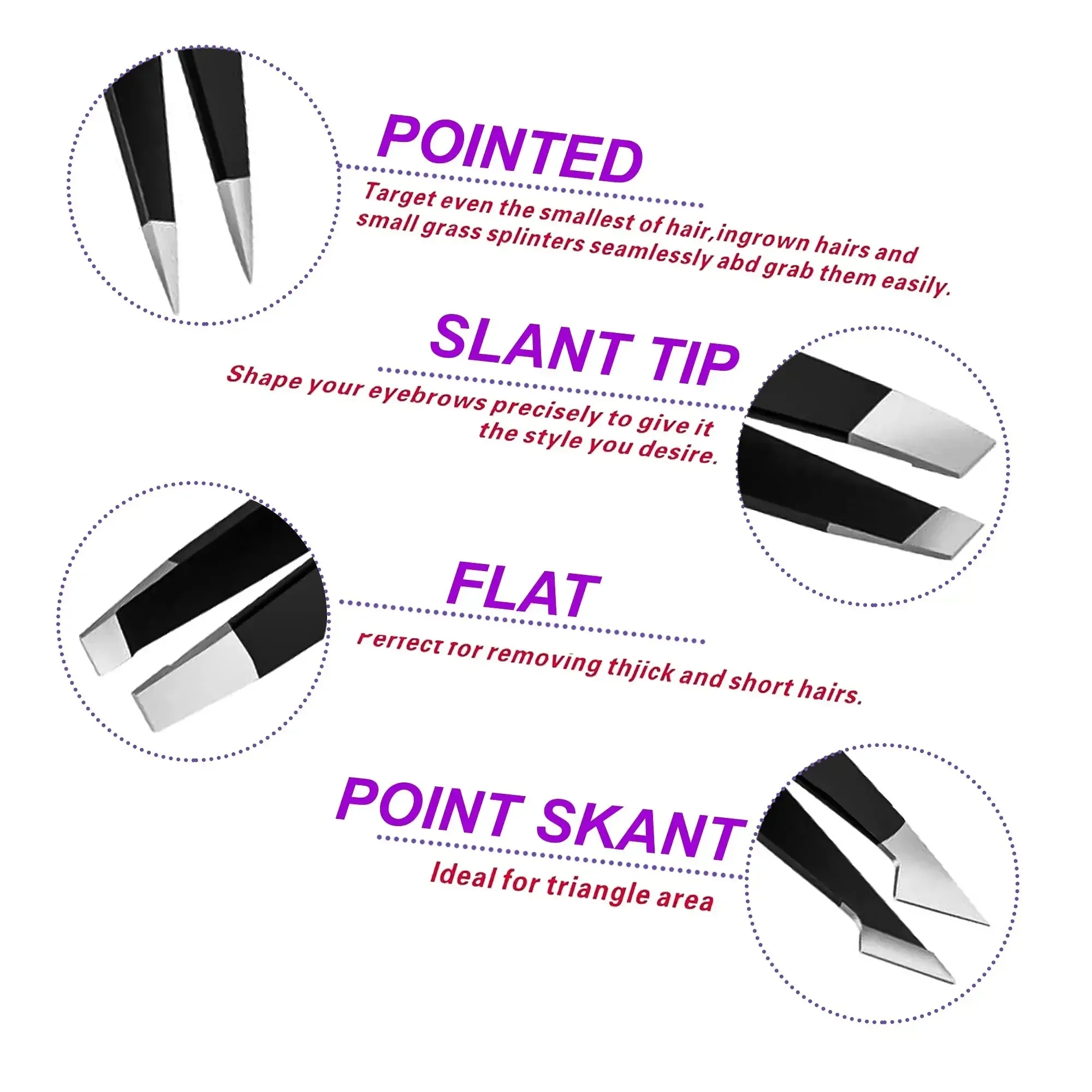 مجموعة ملاقط 1/4 قطعة - ملاقط احترافية من الفولاذ المقاوم للصدأ للحواجب - دقة رائعة لشعر الوجه والشاشية والزنجبيل