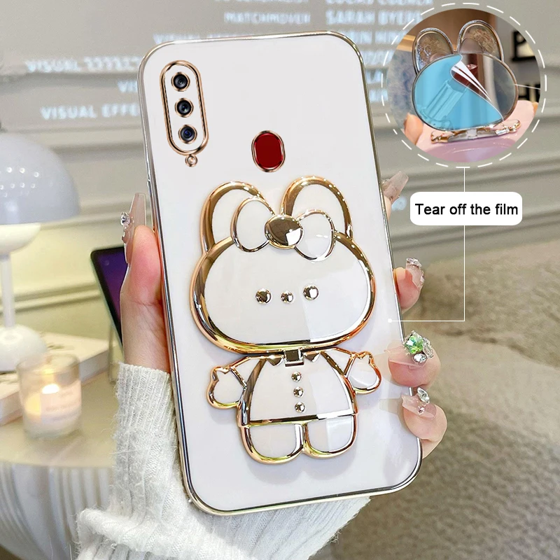 For Samsung Galaxy A20S Phone Case Soft Silicone Plating Cartoon Rabbit Fold Stand Makeup Mirror Bracket Cover