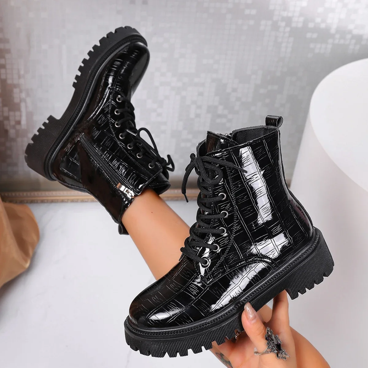 

Ankle Boots Woman Patent Leather Platform Motorcycle Boots Lace Up Woman Thick Heels Zipper Short Booties Square Heel Light New