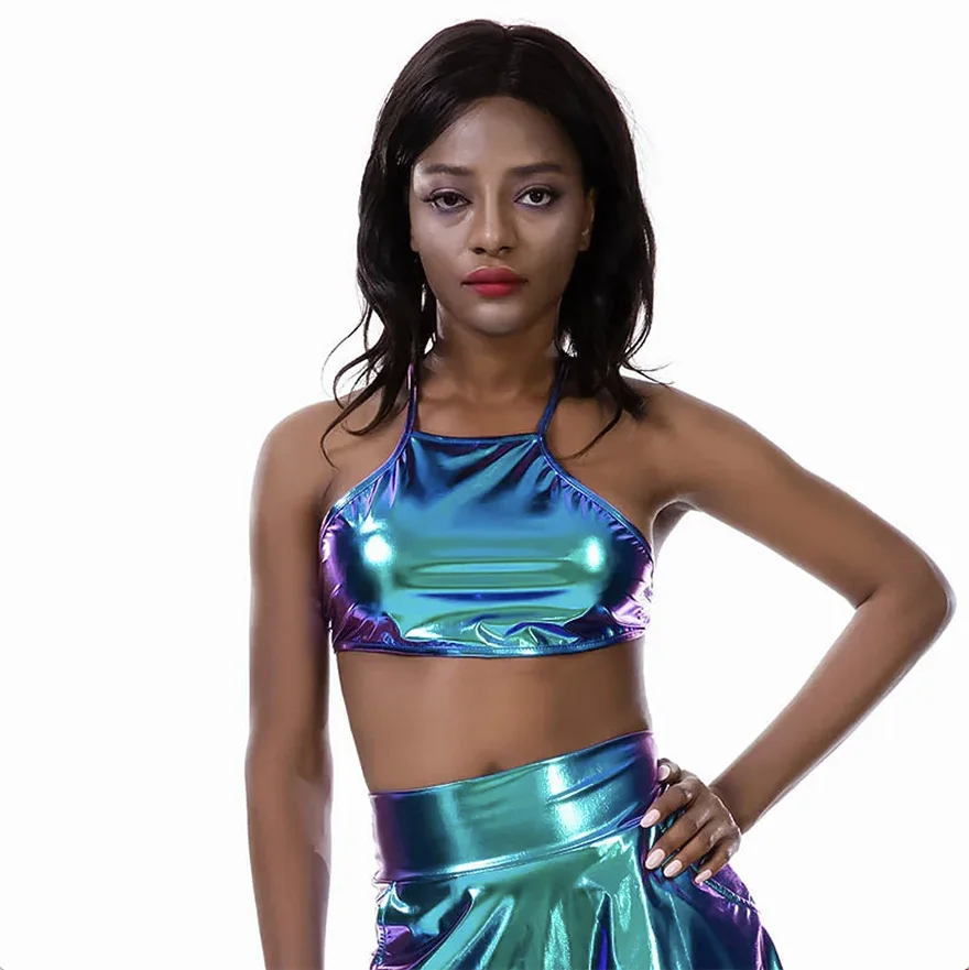 Женский сексуальный укороченный топ с эффектом металлик, блестящий материал, кожаный жилет без рукавов, топы на бретелях, золотые блестящие рейв-танцевальные фестивали, клубная одежда