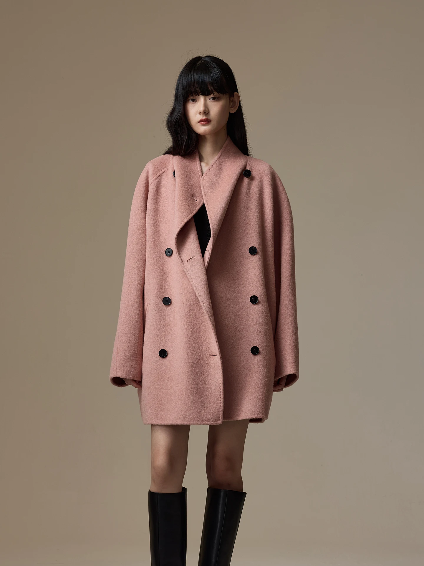 

INOUT Q Double-Faced Camel Woolen Coat Women's Mid-Length Tweed Jaet Pink Autumn Winter Thiened Straight Cut Sle