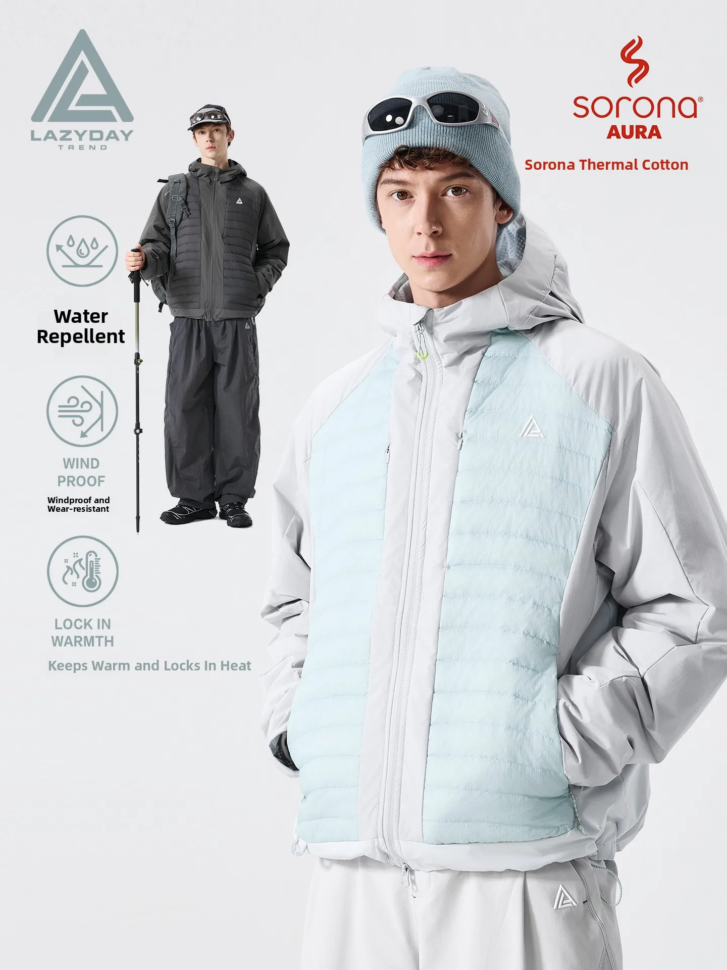 LAZY DAY Men's Outdoor Windproof Cotton Jacket Loose Hiking Climbing Coat Water-Resistant Casual Style Polyester Fiber Fill