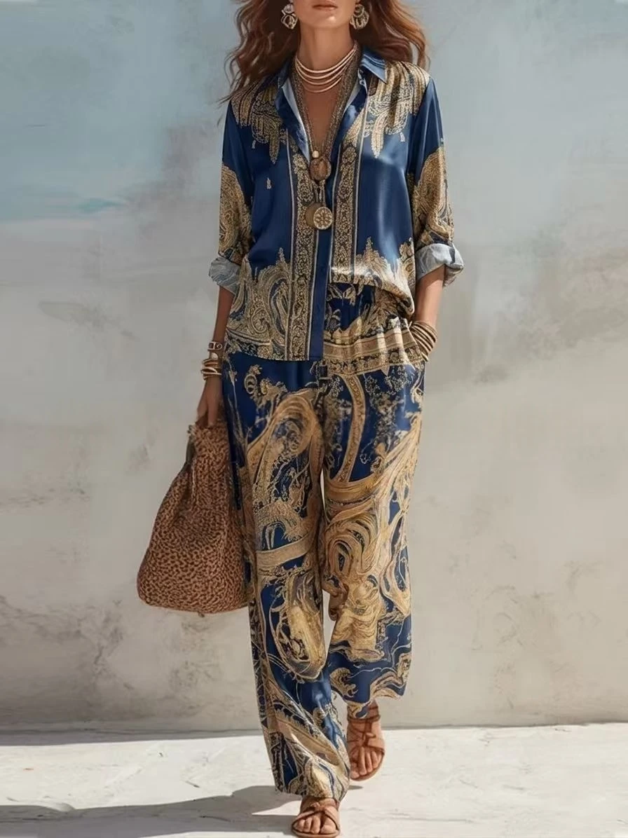 

Retro Pattern Printed 2 Pieces Set for Woman Turndown Collar Buttons Shirts Elegant Outfit Spring Fall Wide Leg Trousers Suit