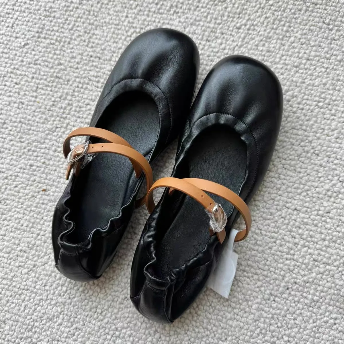 Retro Genuine Leather Black One Line with Round Toe Mary Jane Shoes Women's Round Toe Flat Sole Single Shoes Ballet Dance Shoes