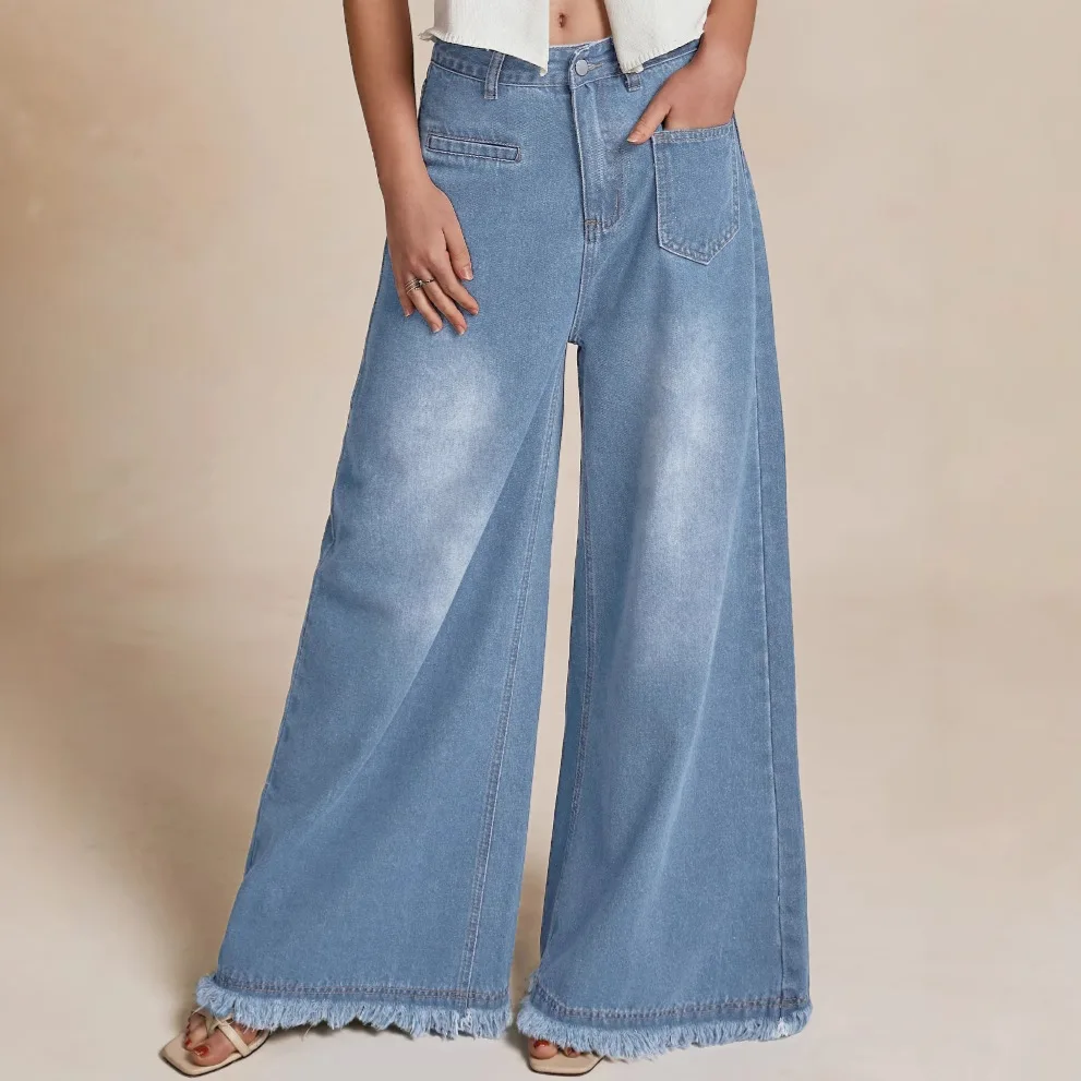American Retro Loose High-waisted Wide-leg Jeans. Ladies' Four-season New Fashion Streetwear Fringed Design Washed Casual Jeans