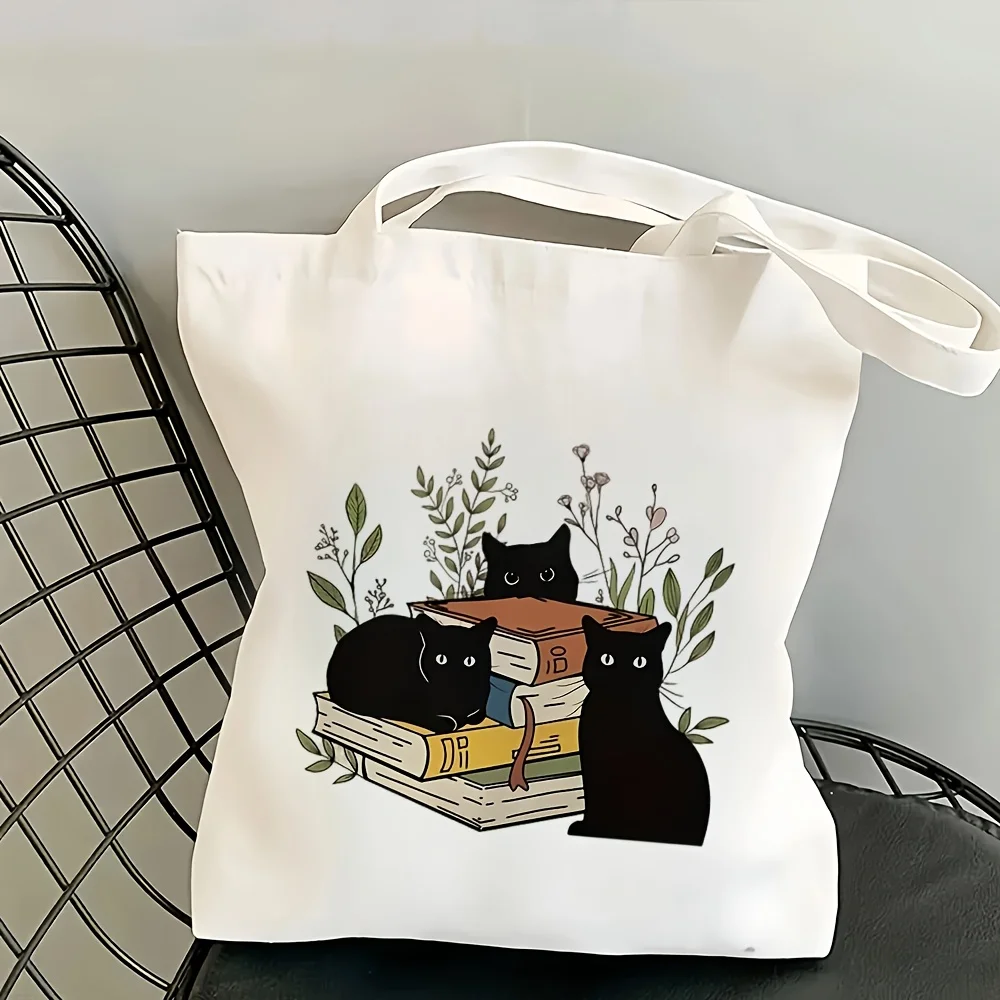 1 Piece Women's Handbag - Black Cat and Floral Book Pattern, Reusable High-Quality Shopping Bag, Durable Shoulder Bag Suitable for Travel, Shopping, Kitchen, and Daily Multi-Purpose Use |   Accessories for Reading Enthusiasts