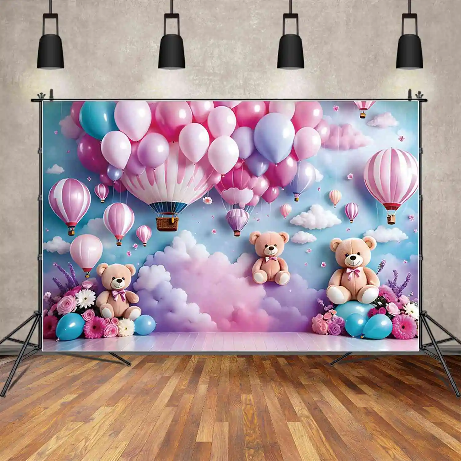 MOON.QG Teddy Bear White Blue Pink Birthday 1 Year Backdrop Boy Girl Drapes Balloon Background Sign Indoor Party Photozone Props