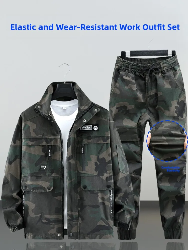 

Мужской комплект рабочей униформы из чистого хлопка, весенне-осенний, камуфляжный, износостойкий, термозащитный, для сварки, для ремонта автомобилей