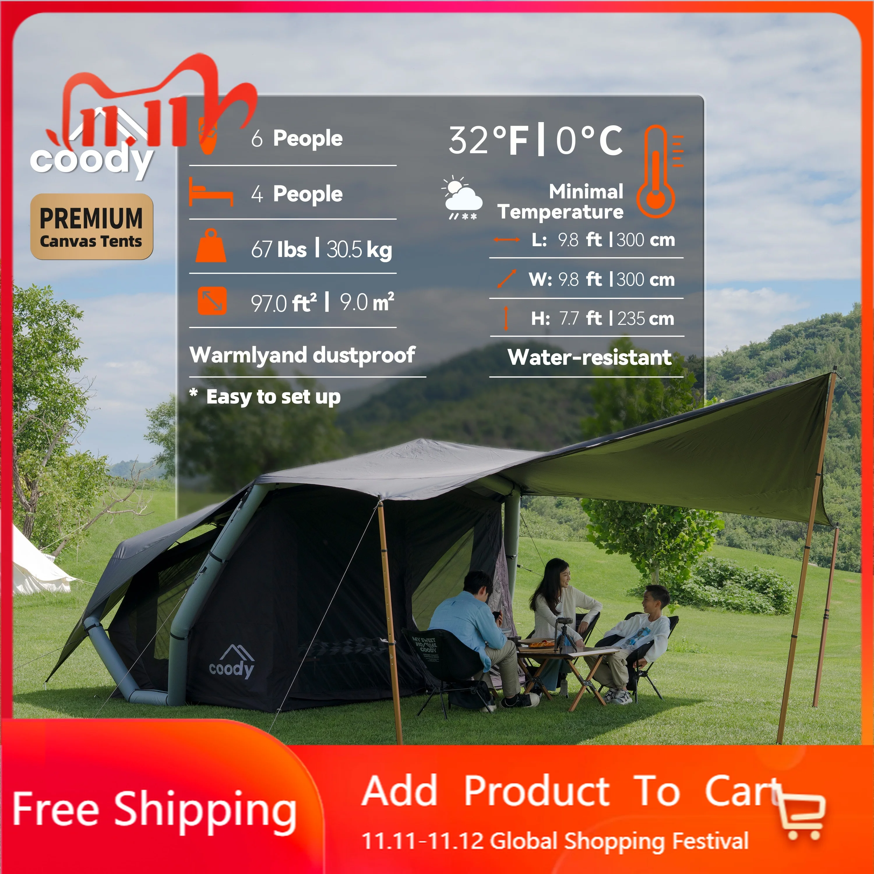 Coody Havena Black Inflatable Tent Waterproof 4 Season Family Outdoor Glamping Camping Shelter