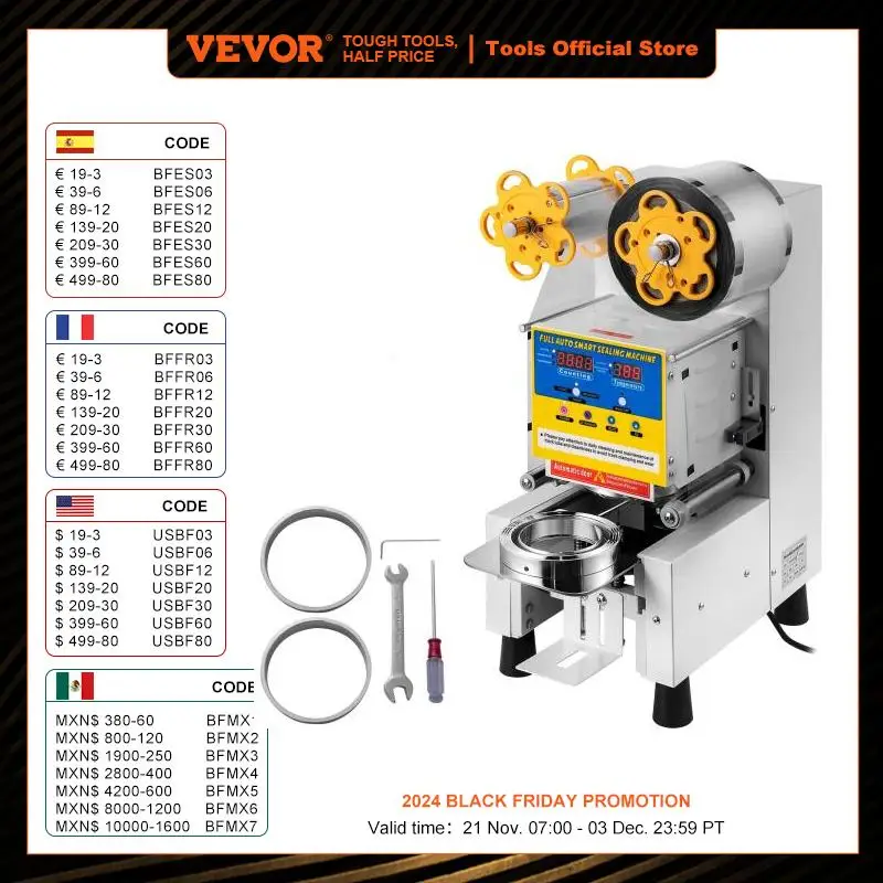 VEVOR Cup Sealer Cup Sealing Machine 90/95mm Diameter Automatic Cup Sealing Tool Stainless Boba Tea Cup Sealer for Coffee Cocoa