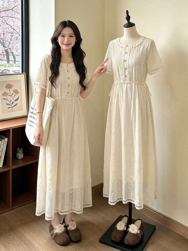 Bohemian Style Lace Doll Collar Drawstring Slimming Summer New plus Size Women's Shoulder Length Dress Korean Version High Wa...
