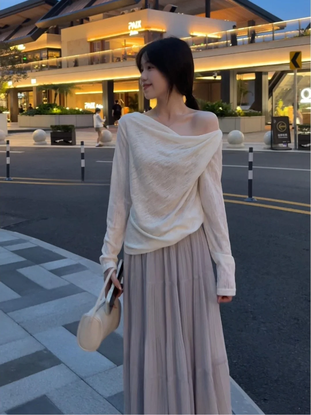 Loose Long Sleeve Knitted Sweater Women's Style Twist Knot Shoulder Baggered Slim Fit Casual Top Korean Style Cotton Polyester