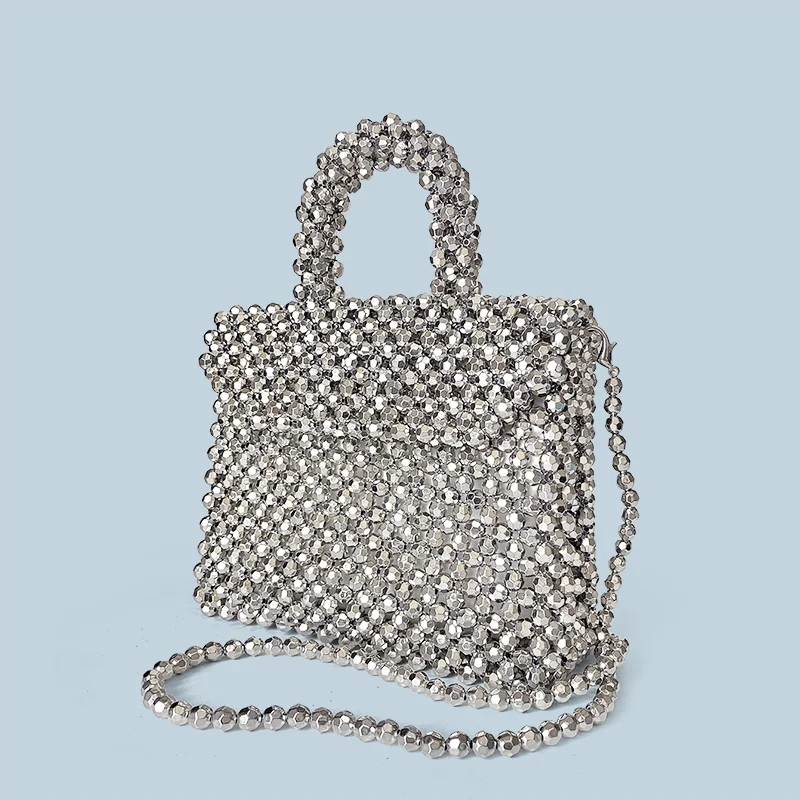 European and American style niche design pure handmade silver woven bead hand-held dinner women's bag