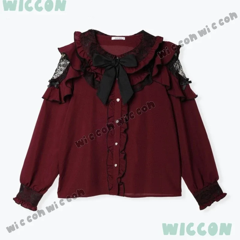 

Блузка с длинными рукавами и открытыми плечами Y2K, готическая кружевная рубашка, женский винтажный наряд, топ, японский Jirai kei, школьная одежда в стиле Лолиты