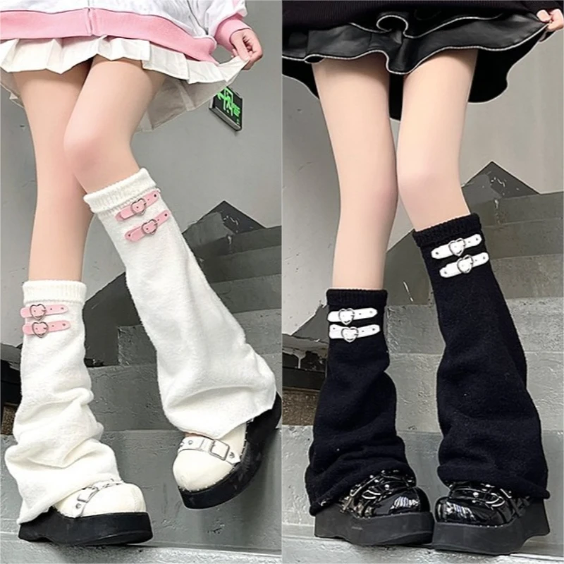 Y2k Knitted Loose Leg Warmers Heart Leather Buckle Thermal Pile-up Socks Women Autumn and Winter Harajuku Subculture Leg Covers