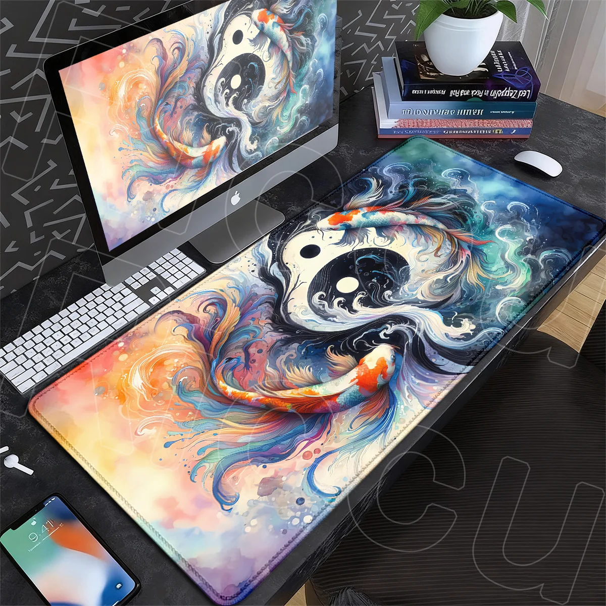 

XXL Gaming Table Mats Rubber Keyboard Rug 900x400mm Japanese Black & White Desktop Mouse Pads Koi Fish Art Yin-yang fish Carpet