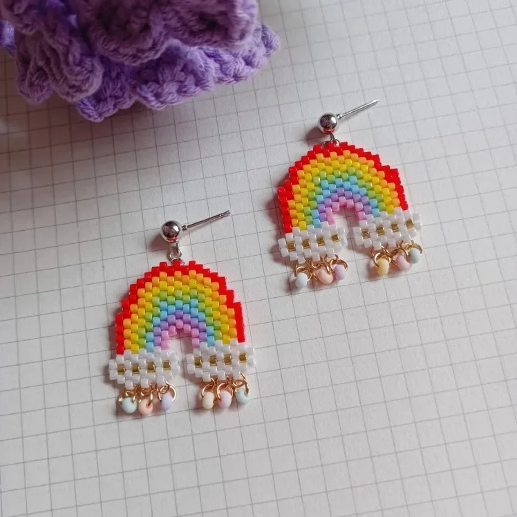 Beaded earrings The colours of the rainbow Fashion Graphics Contracted Trend Hand woven Bohemia Alloy Female Rice bead earrings