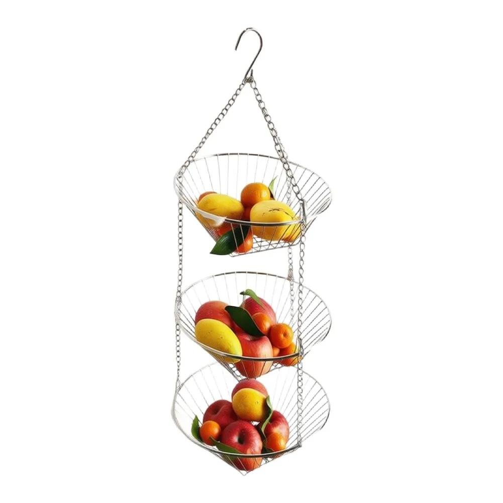 Chrome Hanging Fruit Basket 3 Tier Vertical Wire Storage Rack Adjustable Height & Detachable Levels 11 x 11 x 32 Inches