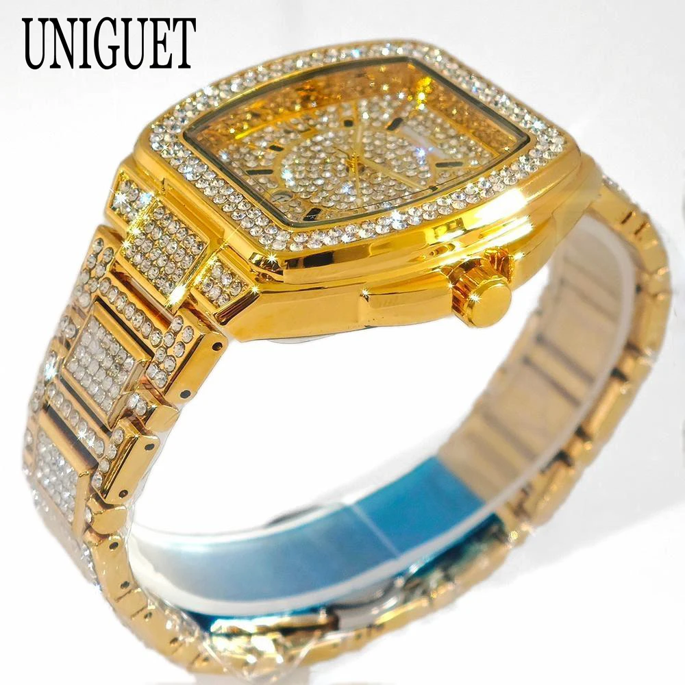럭셔리 다이아몬드 골드 시계 남자 패션 방수 석영 손목 시계 남자 힙합 아이스 블링 블링 토노 시계 Reloj Hombre