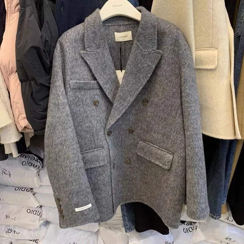 

plus Size Briti Sle Woolen Suit Jaet Women Winter Loose Lapel Thiened Tweed Coat Korean Version Casual Long Sve