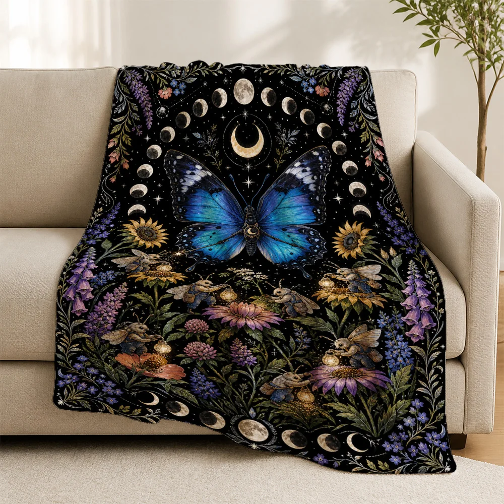 Celestial Moon Butterfly Floral Pattern Throw Blanket Plush Cozy Sofa Decor Bohemian Mystical Gothic Boho Chic Autumn Winter Hom