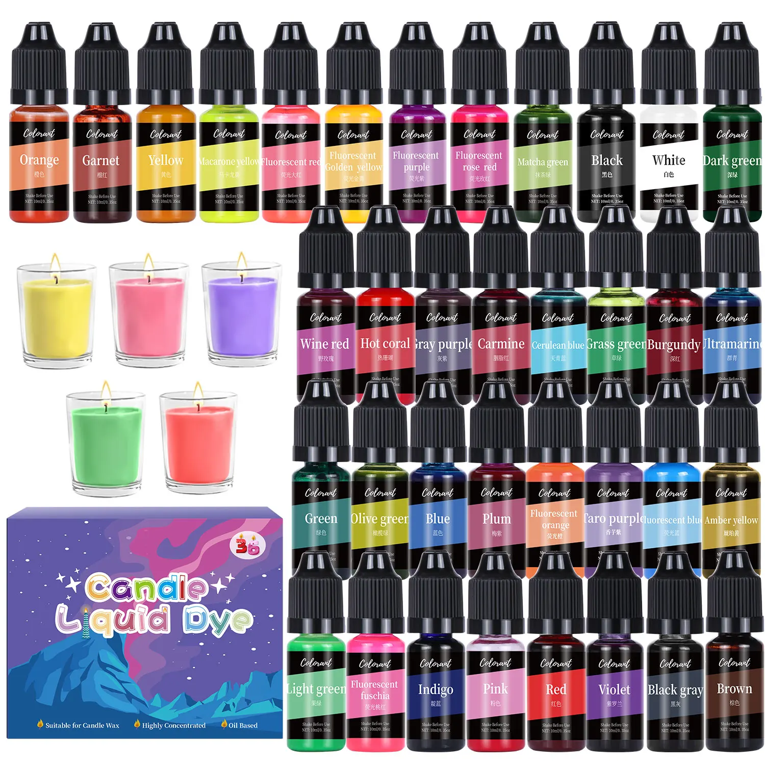 36colors/Set 10ml Candle Dyes Kit Liquid Colorant Pigment Set DIY Candle Making Aromatherapy Soap Soy Wax Dye Candle Coloring