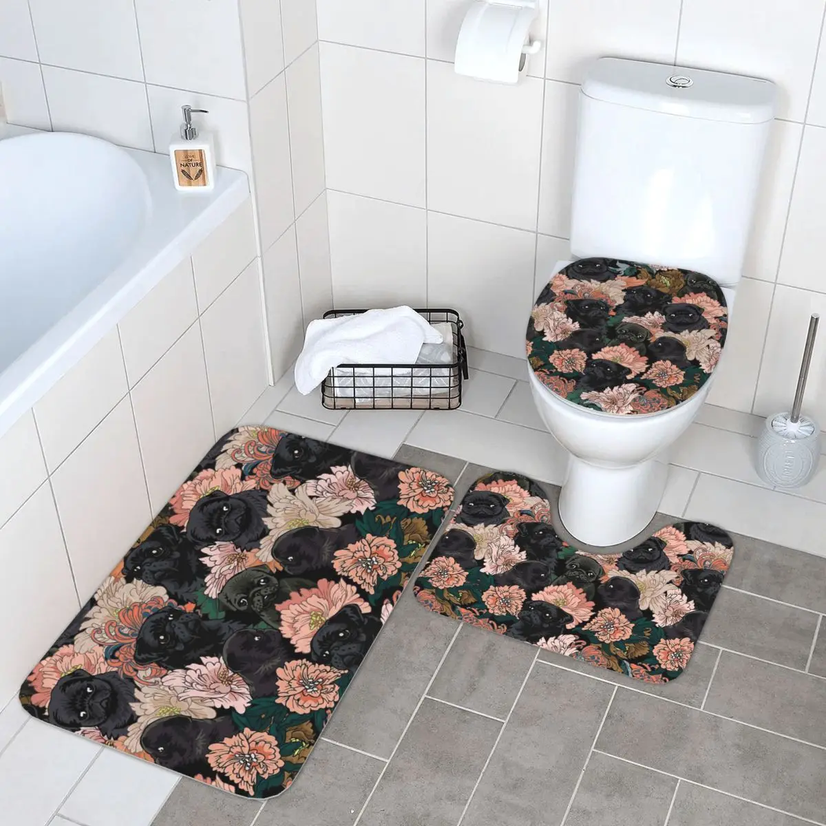 

Because Black Pug 3 Pcs Bath Mat Bathroom Set Toilet Lid Cover Home Decor Non-Slip Carpet Floor Rug