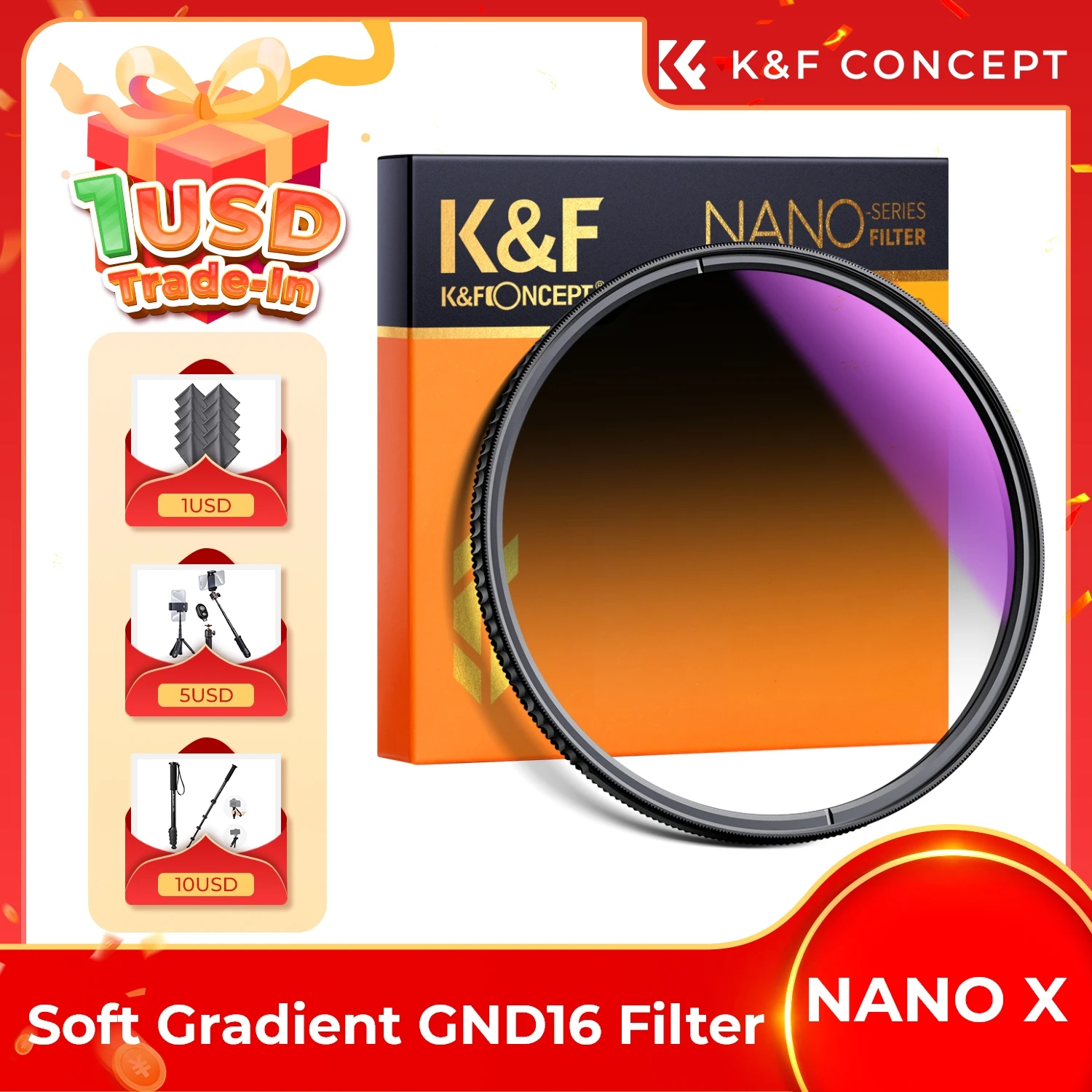 K&F Concept 49mm-82mm Nano-X HD GND16 ND16 Lens Filter Soft Gradient Multi-Coated Camera Lenses Filters For Video Camcorder Lens