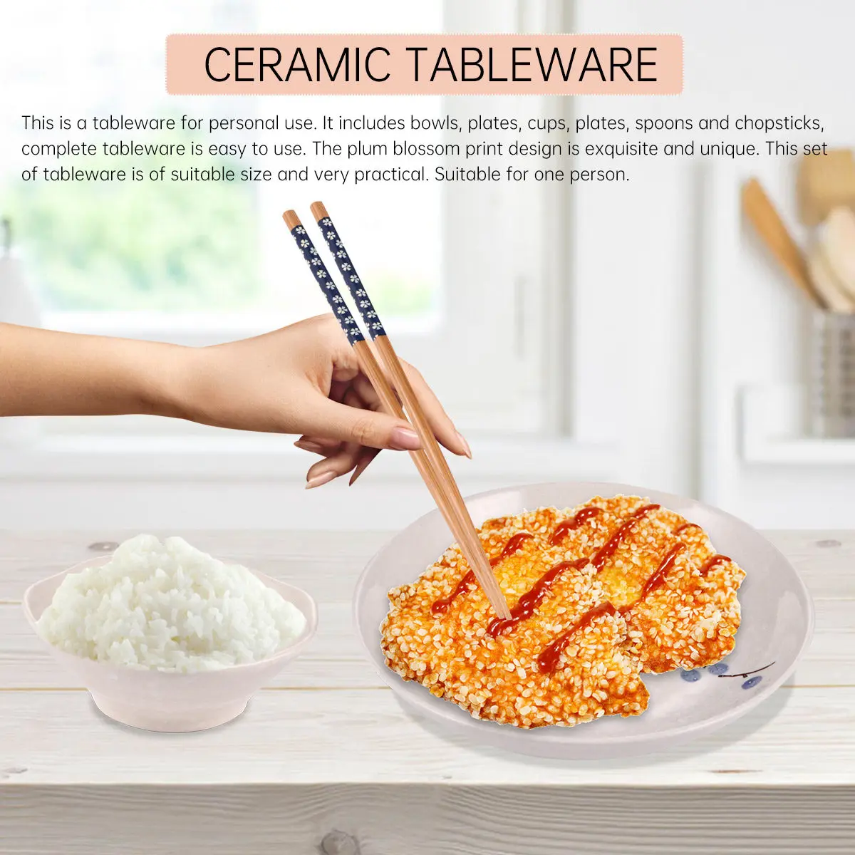 1Set Japanese Style Ceramic Tableware with Plum Flower Pattern Practical Tableware Set for Single Household Use