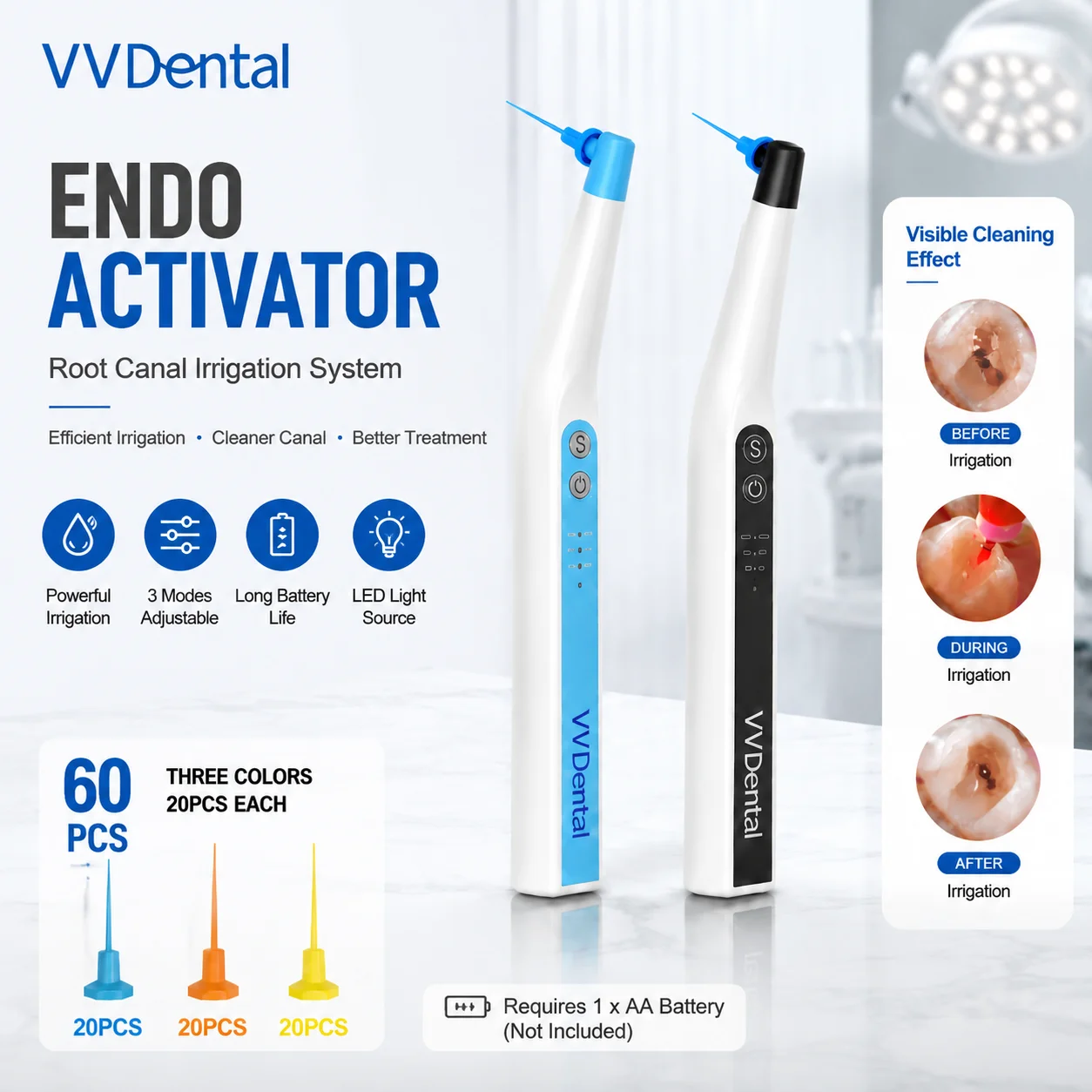 VVDental Endo Activator Root Canal Sonic Irrigation With LED Light 60PCS Endo Files Washing Endodontic Cleaning Dentistry Tools