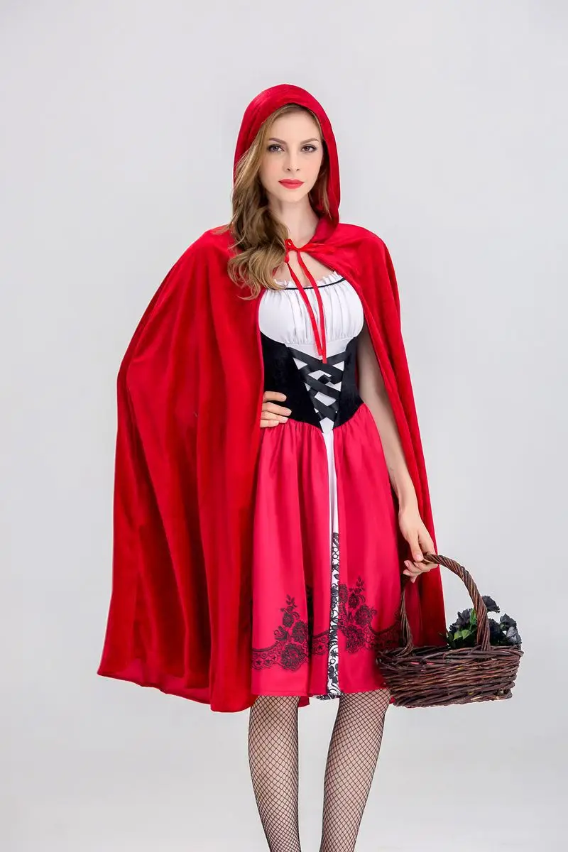 Disfraz de fiesta de Halloween para adultos, Caperucita Roja, ropa de fantasía, disfraz de carnaval, vestido + capa