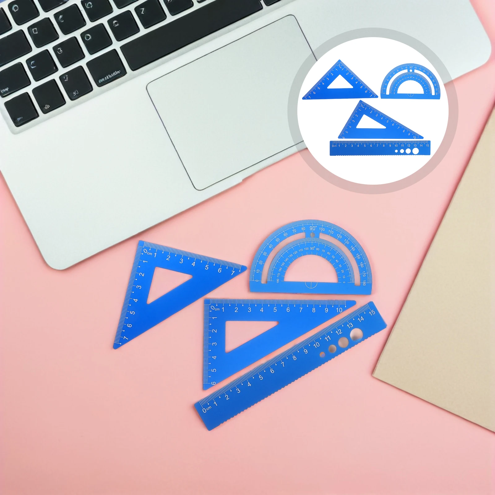 1 Juego de Kit de regla de aleación de aluminio, juego de geometría multifuncional, transportador Triangular, herramientas de medición de borde recto para estudiantes