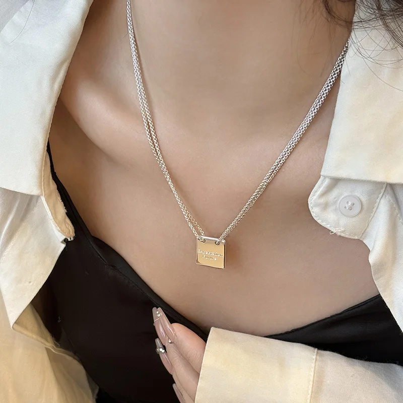 Real 925 Sterling Silver New Ladies Fashion Jewelry Two Layers Letter Square Brand Pendant Necklaces For Women Length 45CM