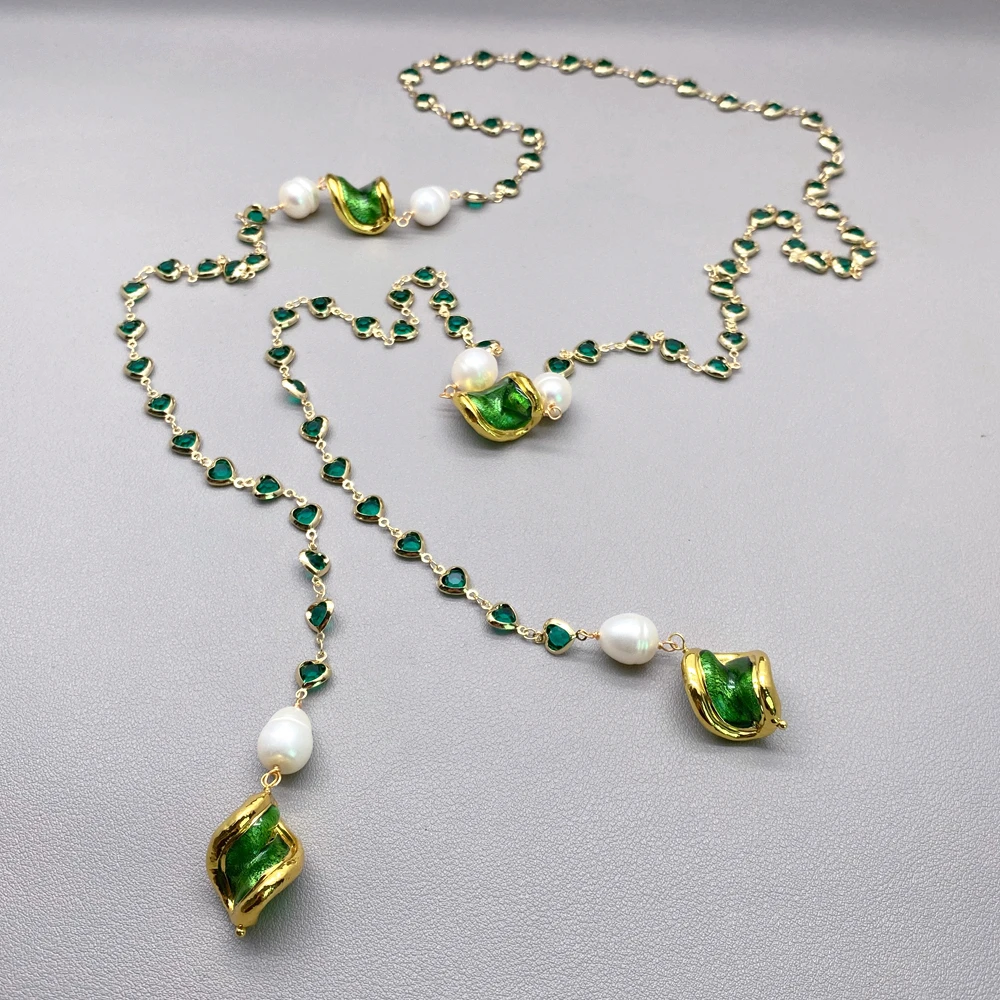 Cultured White Rice Pearl Green Murano Glass Crystal Rosary Chain Long Necklace 50