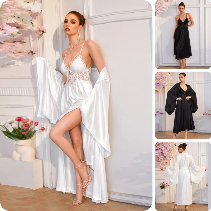 Women's Morning Gown Set, French Wide-sleeved Long Nightgown, Lace Cutout Halter Dress, Two-piece Set, Elegant and Graceful.
