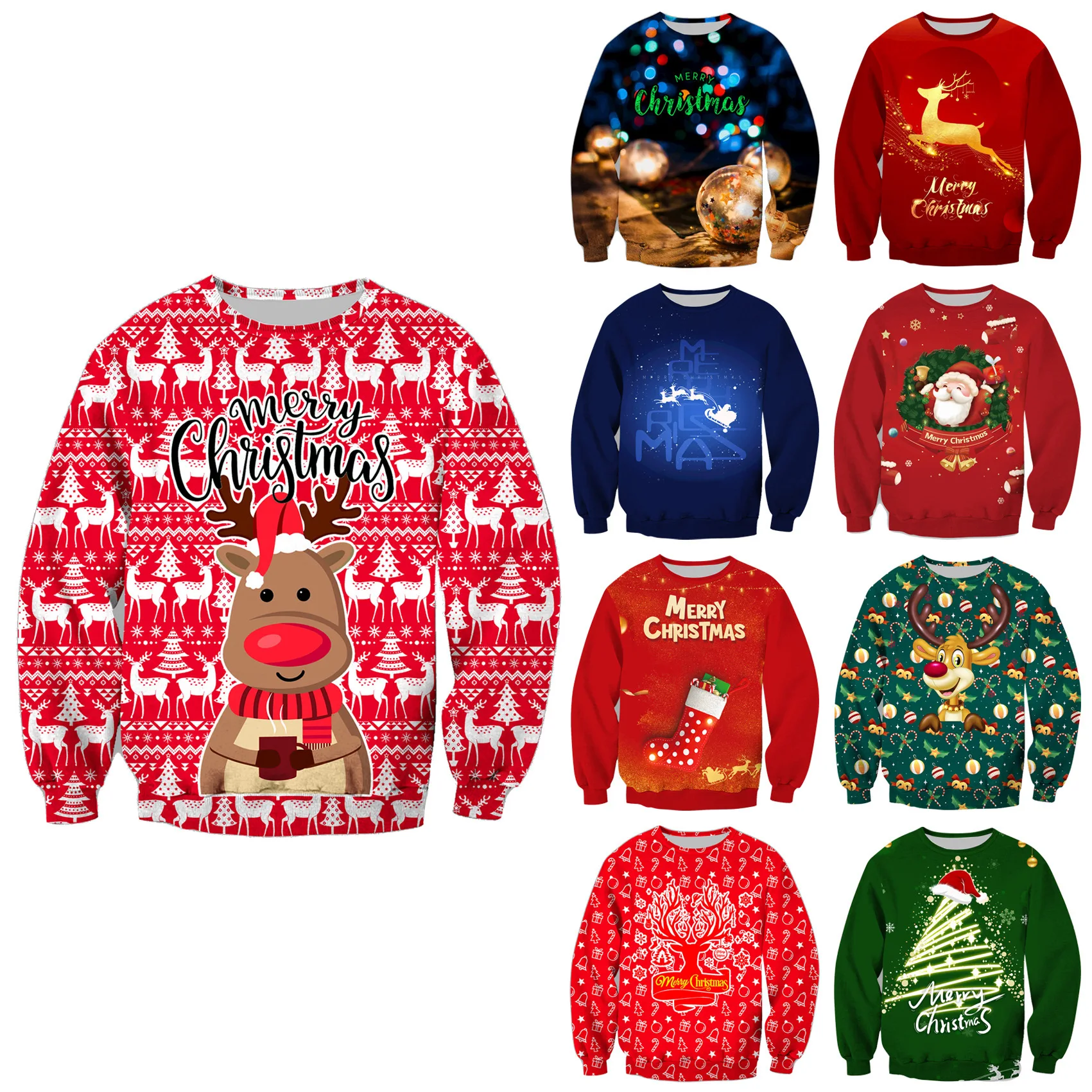 

2023 Autumn/Winter Sweater Christmas Round Neck Sweater Christmas Longhorned Deer Sweater Digital Print Chain Hoodie Sweater