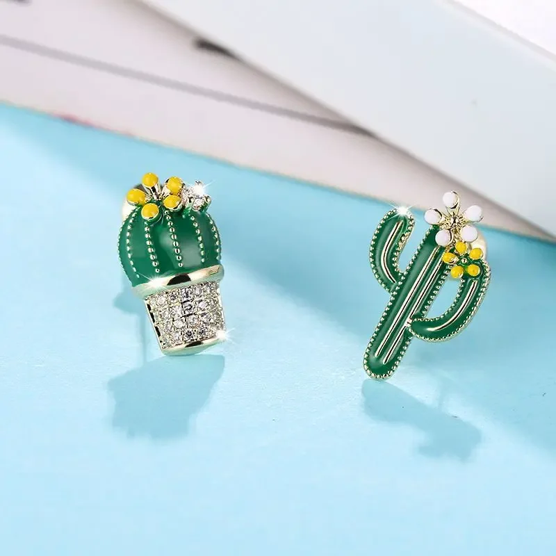 

Minar Korean Fashion Bling Bling Green Cactus Dangle Earings for Women Exquisite Rhinestone Plant Earings Jewelry Accessories