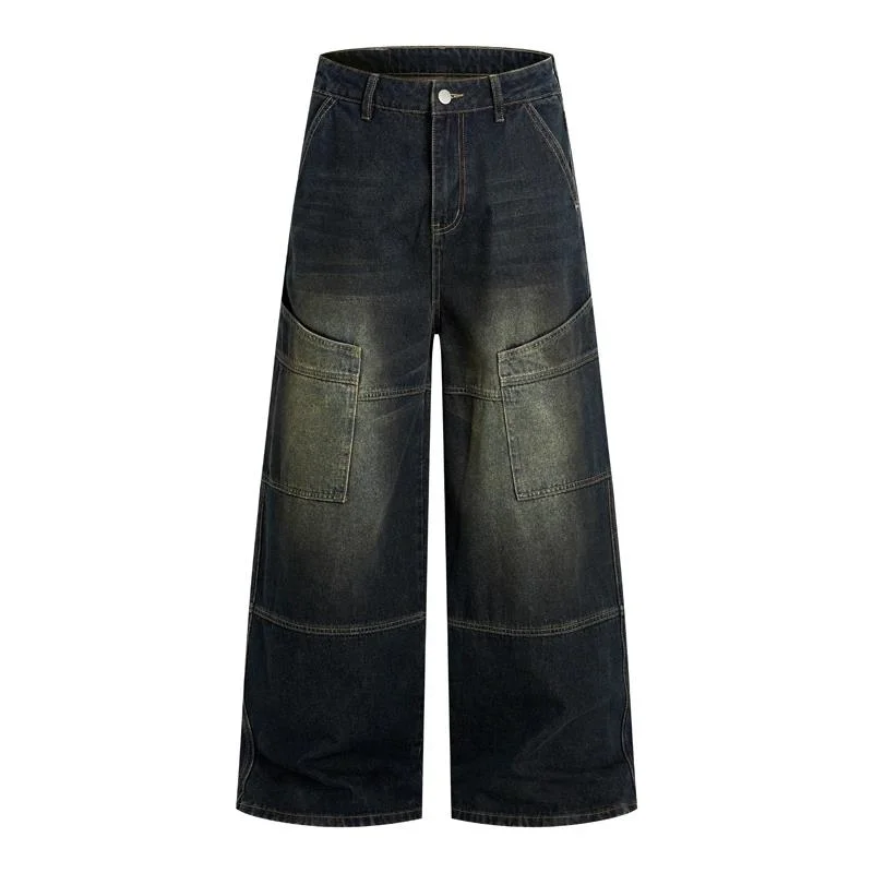 Style Black American Vintage Men's Jeans Patchwork Distressed Washed Pocket Spliced Design Straight Loose Cargo Pants FC2A