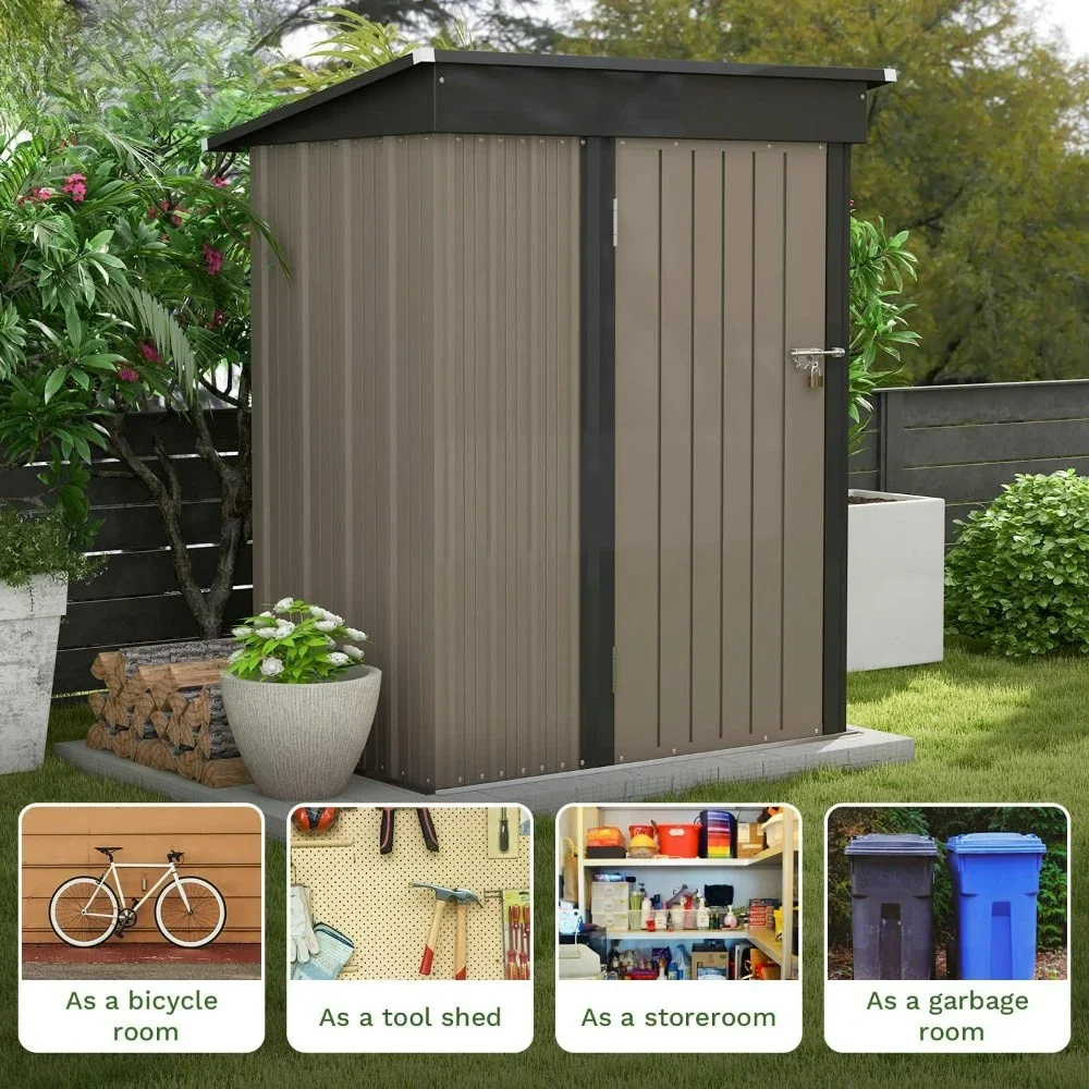 5x3 FT Outdoor Storage Shed, Tool Shed with Sloping Roof and Lockable Door, Metal Shed for Backyard Garden Patio Lawn, Brown