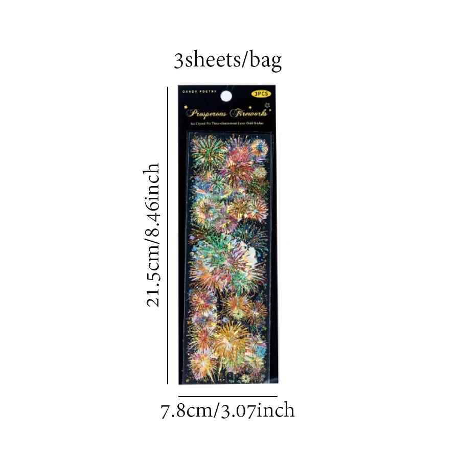 3Pcs/Bag Waterproof PET Material Stickers Holiday Celebration Firework Pattern Creative Greeting Card Cup Photo Frame Decoration