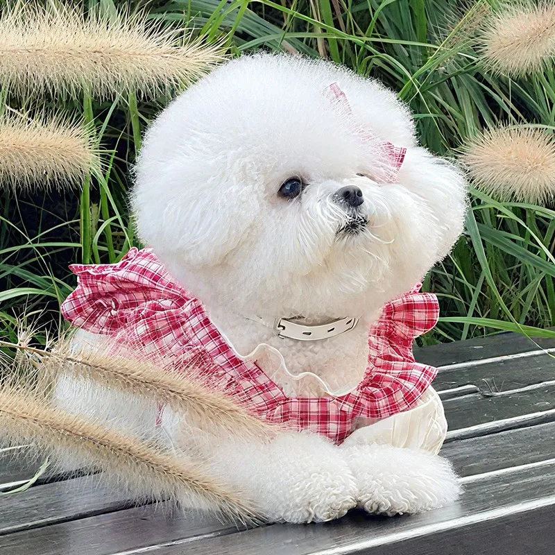 

Schnauzer Bowknot Skirt 2025 New Dog Clothes Summer Thin Teddy Evening Clothes Bears Classic Check Pullover