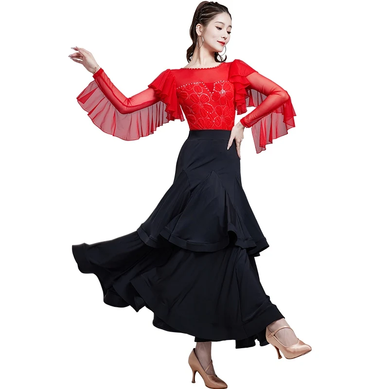 Robe de danse latine à manches longues en maille diamantée, haut de performance, combinaison demi-jupe, vêtements de compétition, robe de valse, DQL9511