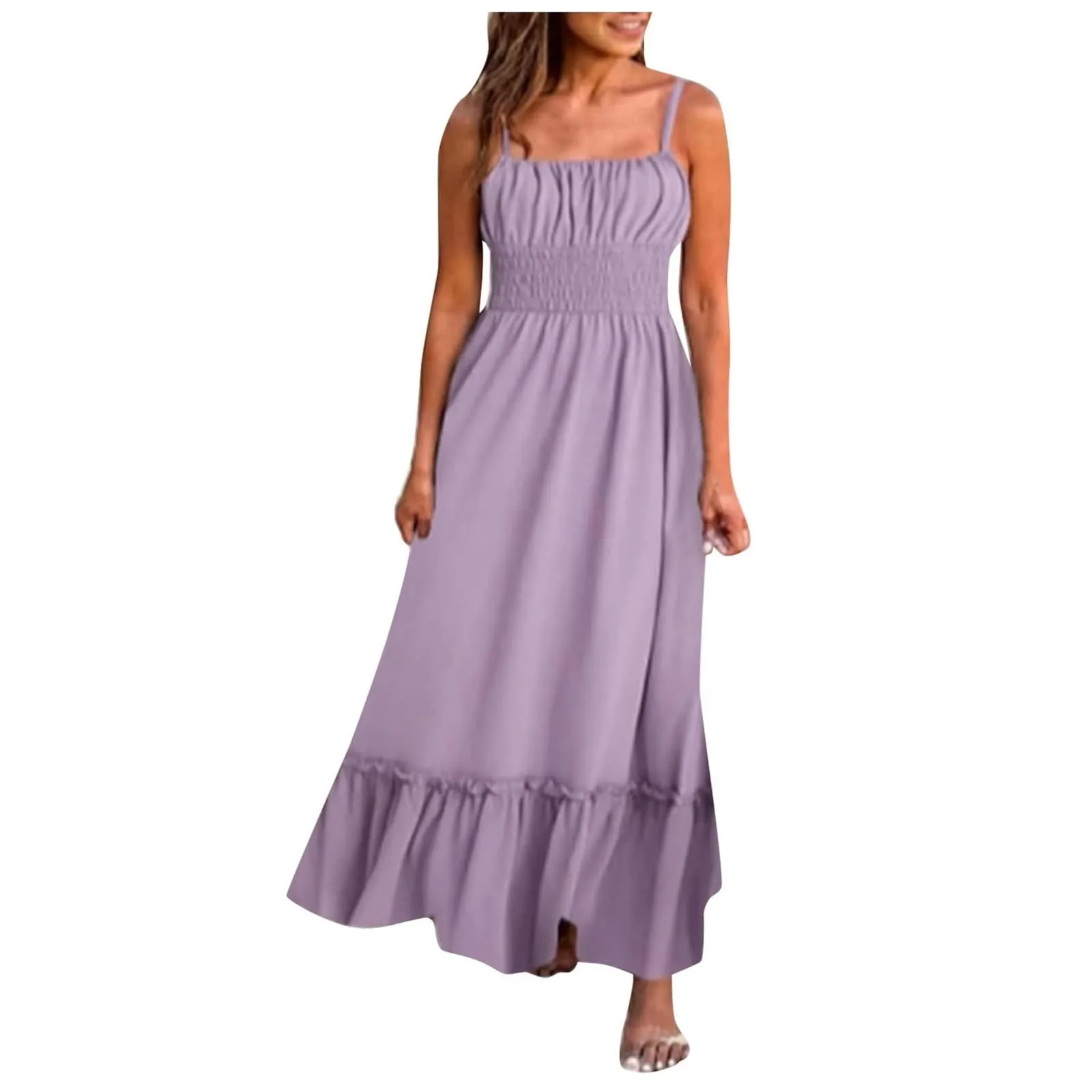 Womens Summer Maxi Dress Sleeveless Floral Spaghetti Strap Smocked Boho Beach Long Dress Beachwear For Vacation Women's Dress