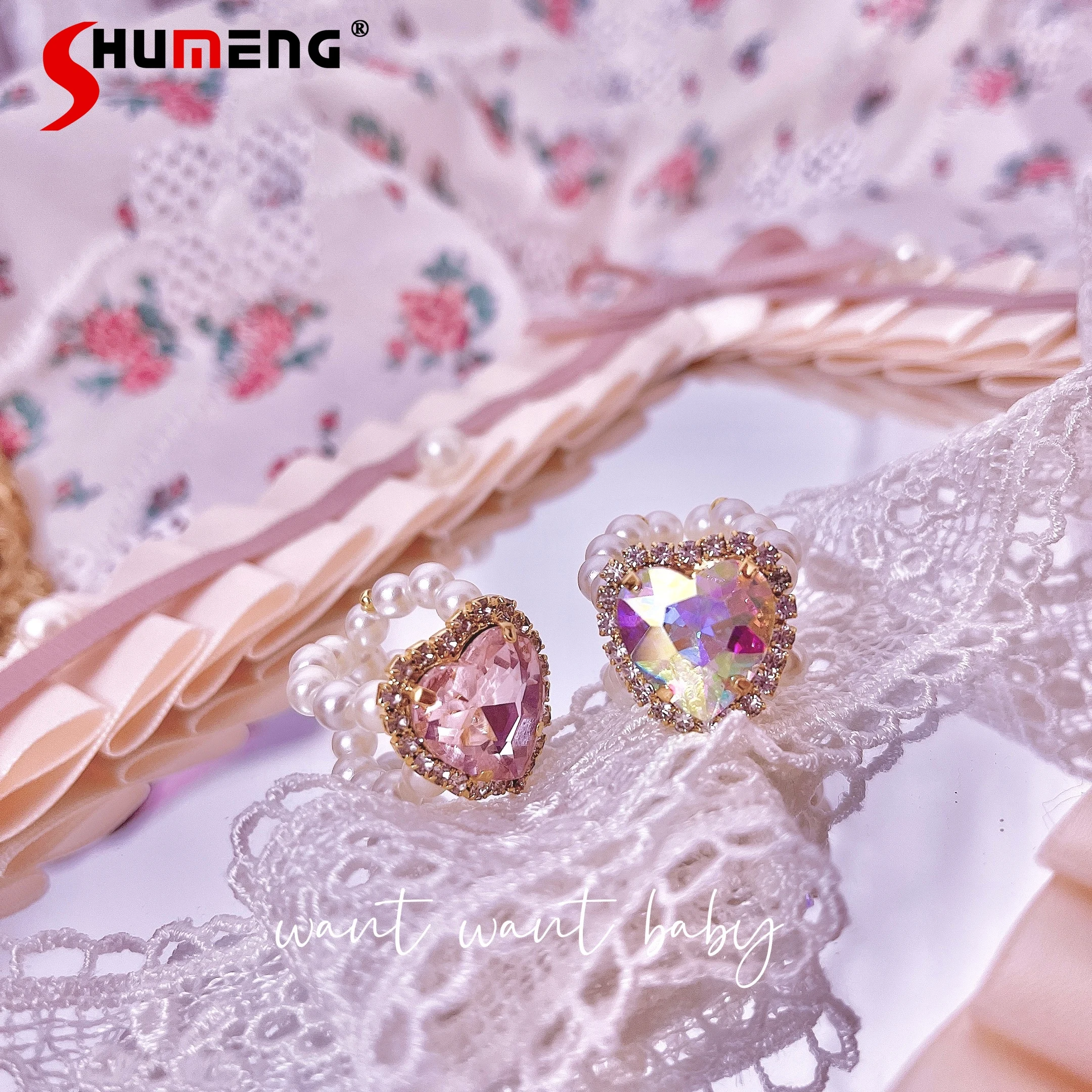 Japanese Style Romantic Girl Ring Handmade Mass-Produced Mine Ornament 2023 New Sweet Cute Heart Shape Rhinestone Pearl Rings