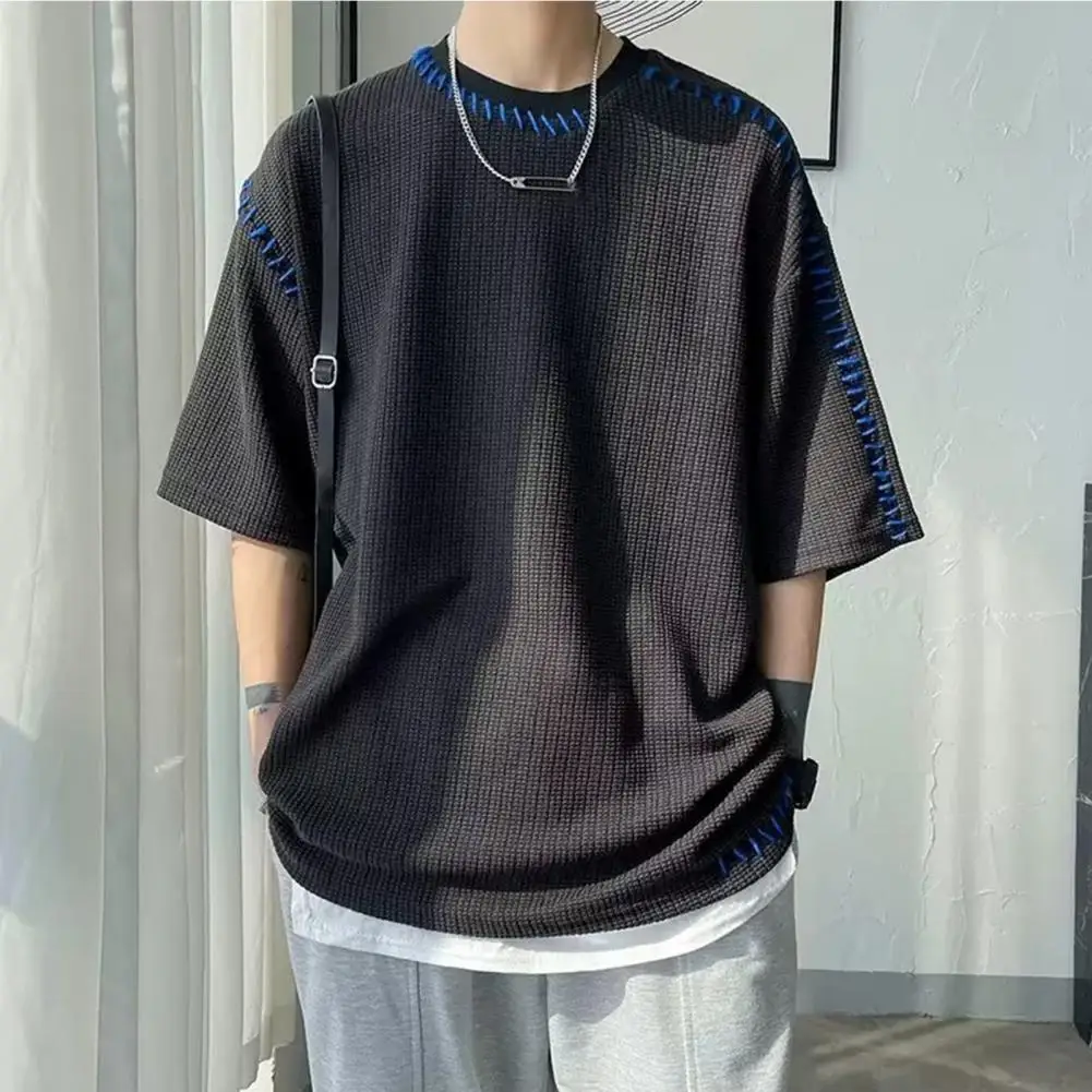 Manual Sewing Men's Summer T-shirts Waffle O-Neck Short Sleeve Men T-shirt Korean Hip Hop Style Solid Color Men Women Tops Tees